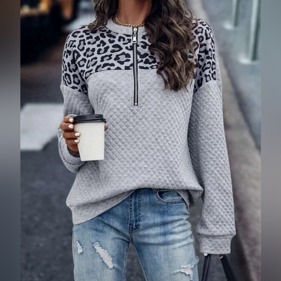 SHEIN Lune Leopard Panel Half Zip Sweatshirt - Picture 1 of 7